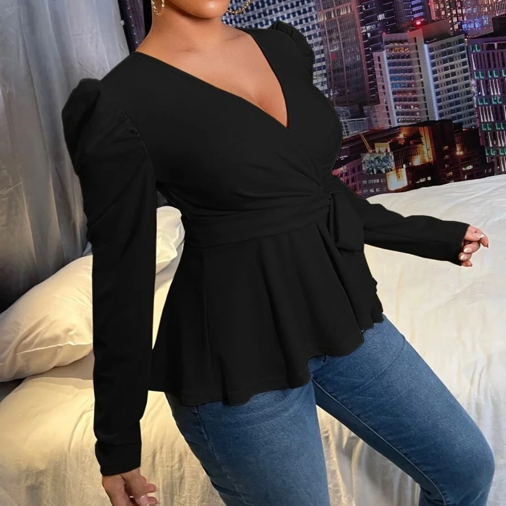 Luxe Puff Sleeve Peplum Sexy Blouse - Picture 2 of 9